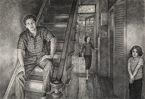 Image of the charcoal drawing, Danny raising Emma and Kiera by Edgar Jerins.